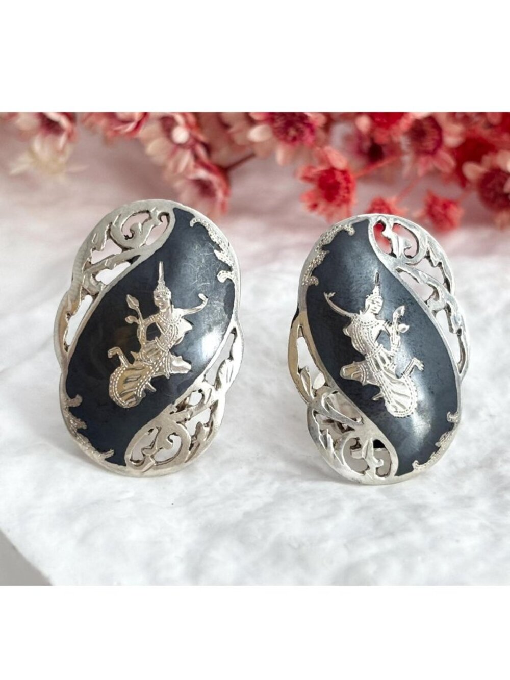 Siam Sterling Clip On Vintage Mekkalah & Ramasoon Thai Made 925 Earrings
